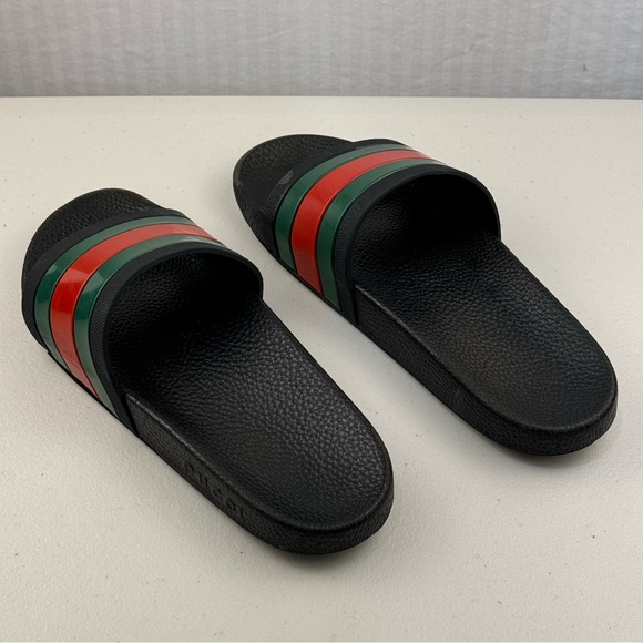 Gucci Black Slides Red Green Web Sandals Men’s Size 8 Luxury Classic Preppy - Picture 6 of 14
